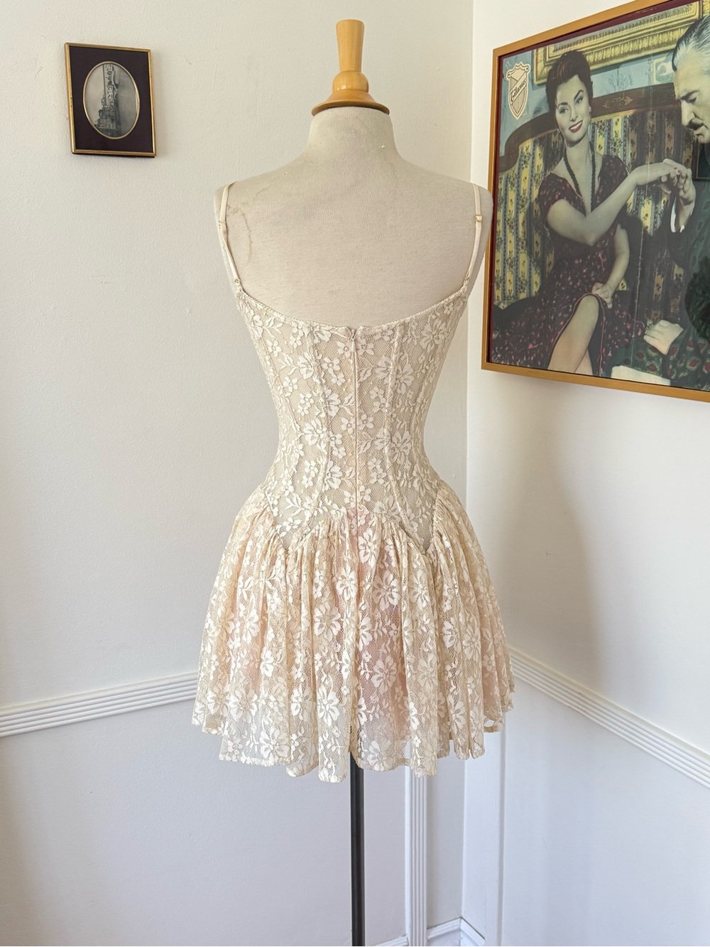 Cream Lace Babydoll Chemise with Pink Ribbon Accent - Picture 3 of 6
